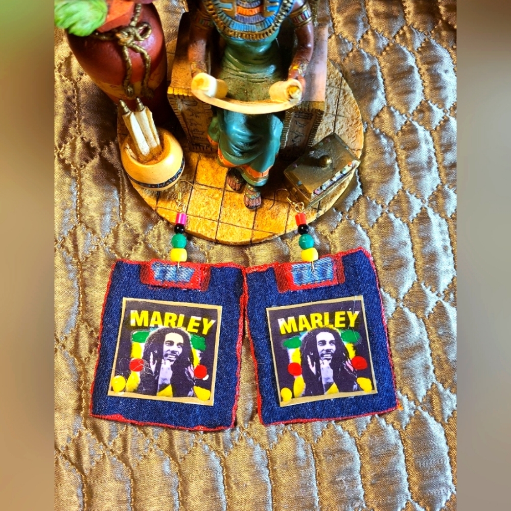 Bob Marley earrings , Bob Marley blue jeans paper jewelry earrings, gift for her